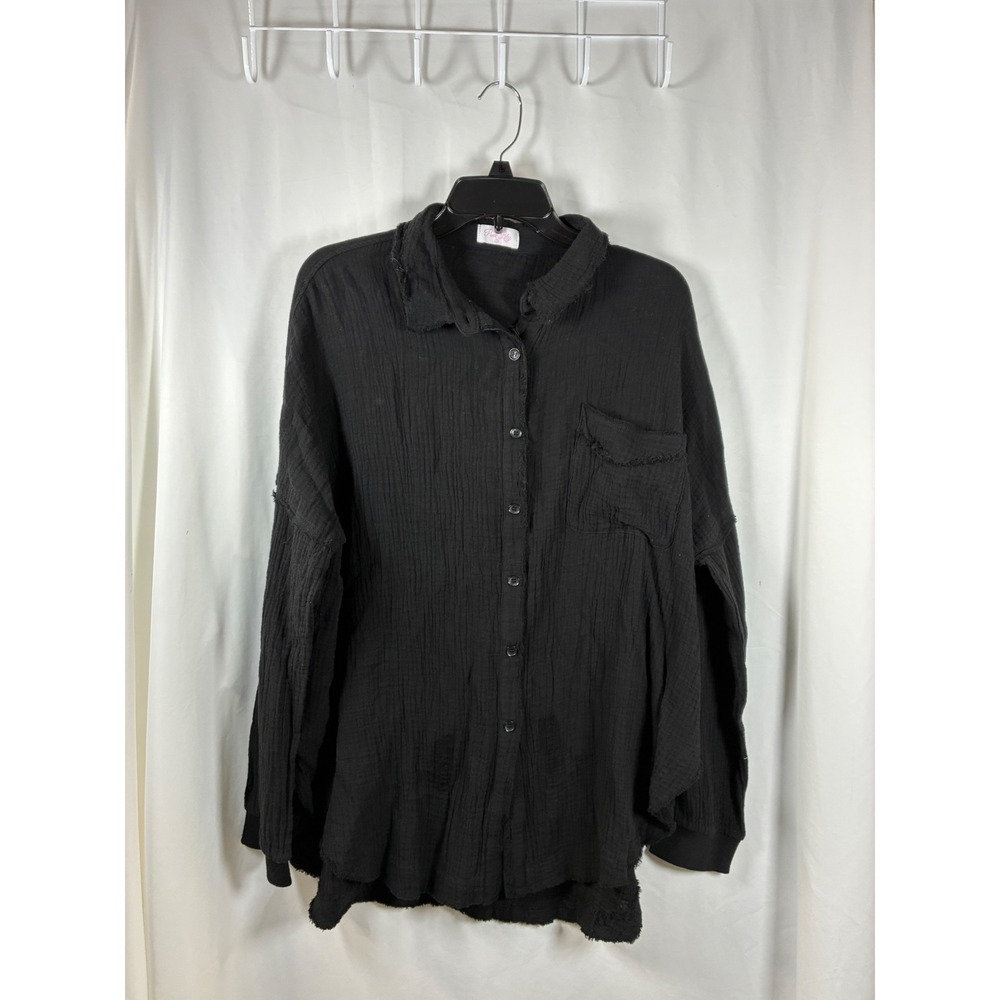 Pink Lily Black Cotton Gauze Frayed Raw Edge Button Down Shirt Womens Large L‎